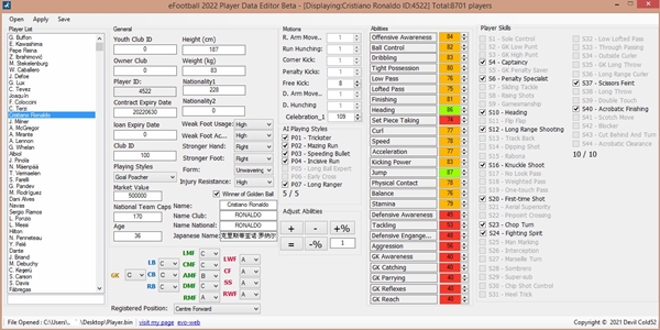 Player Data Editor v2.1 efootball 2022 - by Devil Cold52